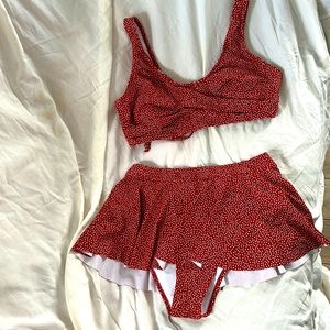 Two piece, swim suit,rust colour with white polkadots. Size 14